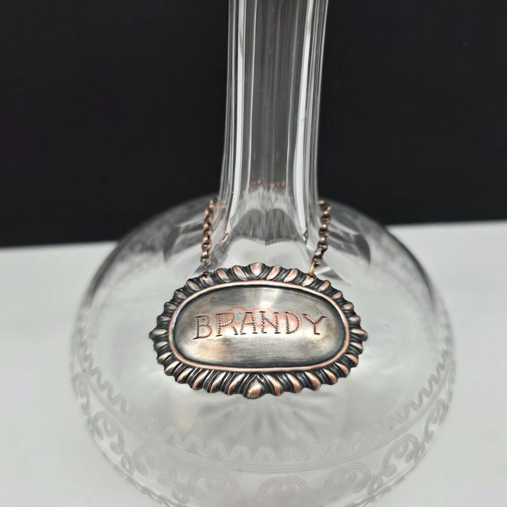 Vintage Etched Crystal Brandy Decanter With Stopper & Silver Plated Label - Picture 3 of 10